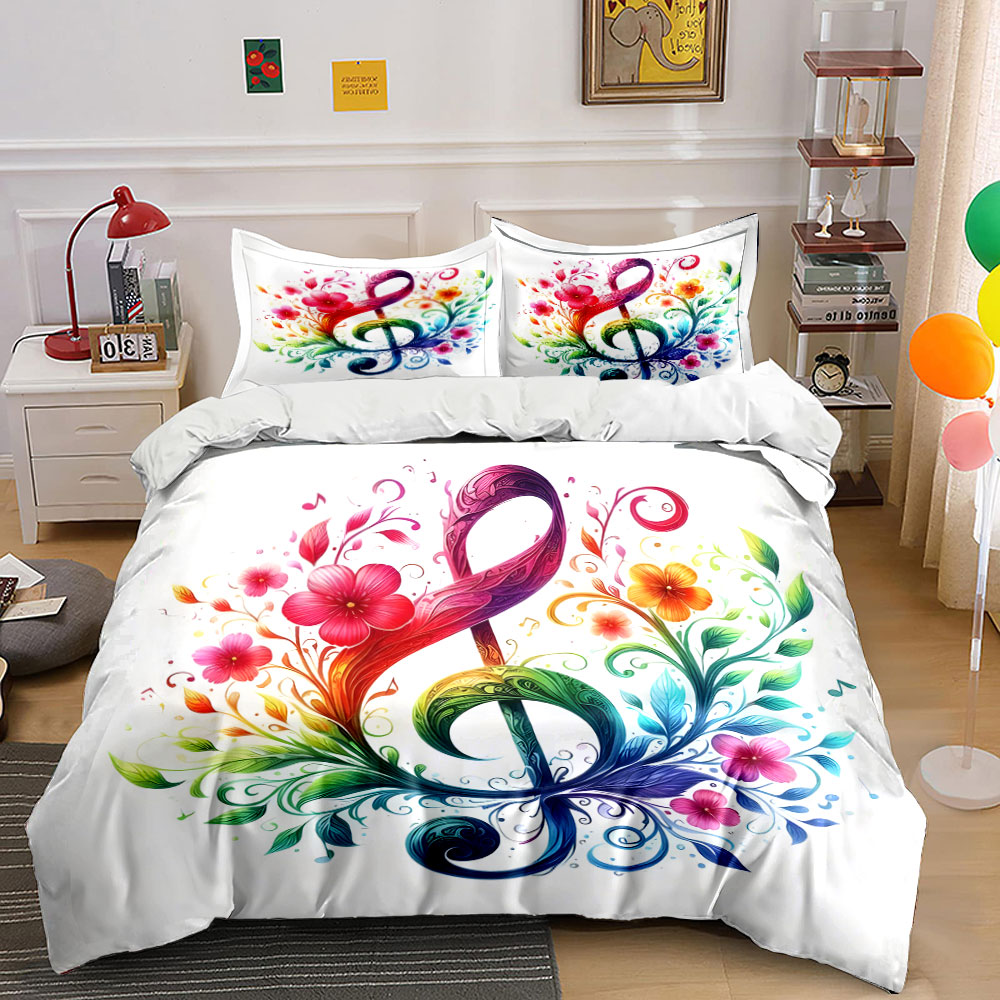 Duvet Cover Sets With Zipper - Vibrant floral entwined musical note Pattern